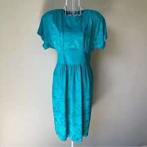Turquoise silk studio jacquard vintage midi padded shoulder dress